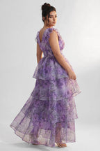 Curveins Plus Size V-Neck Sleeveless Floral Tiered Maxi Dress with Decorative Shoulder Detail