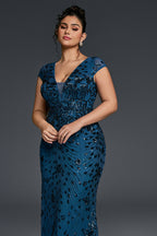 Curveins Plus Size V-neck and Waist Cinch Sequin Maxi Dress