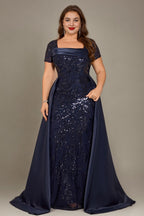 Curveins Plus Size Square Neck Short Sleeve Sequin Waist Defining Belted Maxi Dress