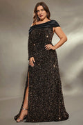 Curveins Plus Size Asymmetric Sleeve Sequin Evening Dress with High Side Slit