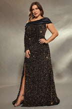 Curveins Plus Size Asymmetric Sleeve Sequin Evening Dress with High Side Slit