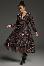 Curveins Plus Size Velvet V-Neck Lantern Sleeve Tiered Midi Dress