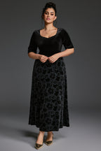 Curveins Plus Size V-Neck Long Sleeves Fitted Waist Floral Patchwork Maxi Dress