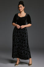 Curveins Plus Size V-Neck Long Sleeves Fitted Waist Floral Patchwork Maxi Dress