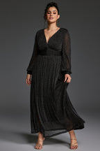 Curveins Plus Size V-Neck Lantern Sleeve Slit Hem Maxi Dress
