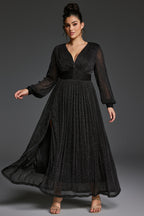 Curveins Plus Size V-Neck Lantern Sleeve Slit Hem Maxi Dress