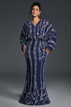 Curveins Plus Size V-Neck Vertical Sequin Bodycon Maxi Dress Elegant Evening Wear