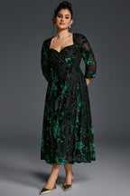 Curveins Plus Size V-Neck Three Quarter Sleeve Patterned Velvet Maxi Dress