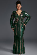 Curveins Plus Size V-Neck Long Sleeve Spider Web Sequin Bodycon Maxi Dress