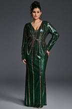 Curveins Plus Size V-Neck Long Sleeve Spider Web Sequin Bodycon Maxi Dress