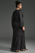 Curveins Plus Size V-Neck Long Sleeves Sequin Floral Bodycon Maxi Dress