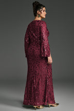 Curveins Plus Size V-Neck Long Sleeves Sequin Floral Bodycon Maxi Dress