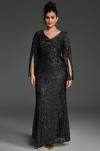 Curveins Plus Size V-Neck Long Sleeves Sequin Floral Bodycon Maxi Dress