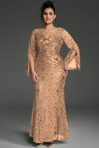 Curveins Plus Size V-Neck Long Sleeves Sequin Floral Bodycon Maxi Dress