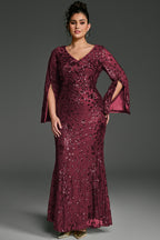 Curveins Plus Size V-Neck Long Sleeves Sequin Floral Bodycon Maxi Dress