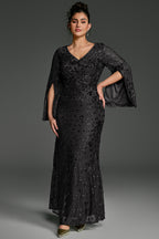 Curveins Plus Size V-Neck Long Sleeves Sequin Floral Bodycon Maxi Dress