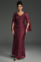 Curveins Plus Size V-Neck Long Sleeves Sequin Floral Bodycon Maxi Dress