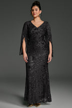 Curveins Plus Size V-Neck Long Sleeves Sequin Floral Bodycon Maxi Dress