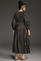 Curveins Plus Size V-Neck Long Sleeve Waist Tie Pleated Maxi Dress