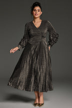 Curveins Plus Size V-Neck Long Sleeve Waist Tie Pleated Maxi Dress