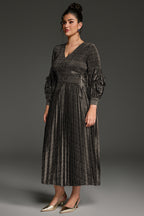 Curveins Plus Size V-Neck Long Sleeve Waist Tie Pleated Maxi Dress