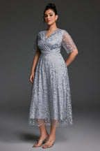 Curveins Plus Size V-Neck Ruffle Sleeve Embroidered Maxi Dress