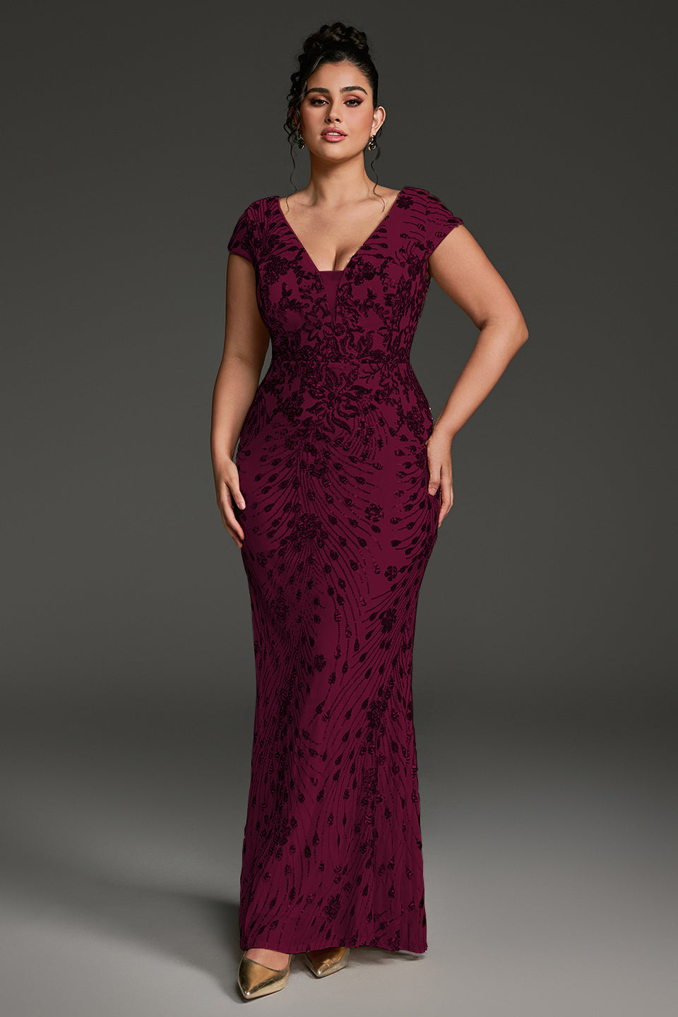 Curveins Plus Size V-neck and Waist Cinch Sequin Maxi Dress