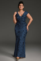 Curveins Plus Size V-neck and Waist Cinch Sequin Maxi Dress