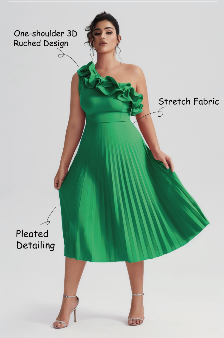 Curveins Plus Size Slimming Asymmetric One-Shoulder Ruffle Trim Pleated Dress