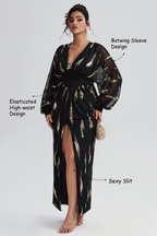 Curveins Plus Size V Neck Sequins Lantern Sleeve Slit Mesh Dress