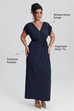Curveins Plus Size Elastic Waist Shirred V-Neck Wrap Maxi Dress