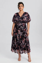 Curveins Plus Size V Neck Puff Sleeve Waist Defining Floral Print Elegant Maxi Dress