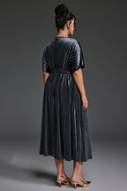 Curveins Plus Size V-Neck Batwing Sleeve Pleated A-Line Velvet Midi Dress