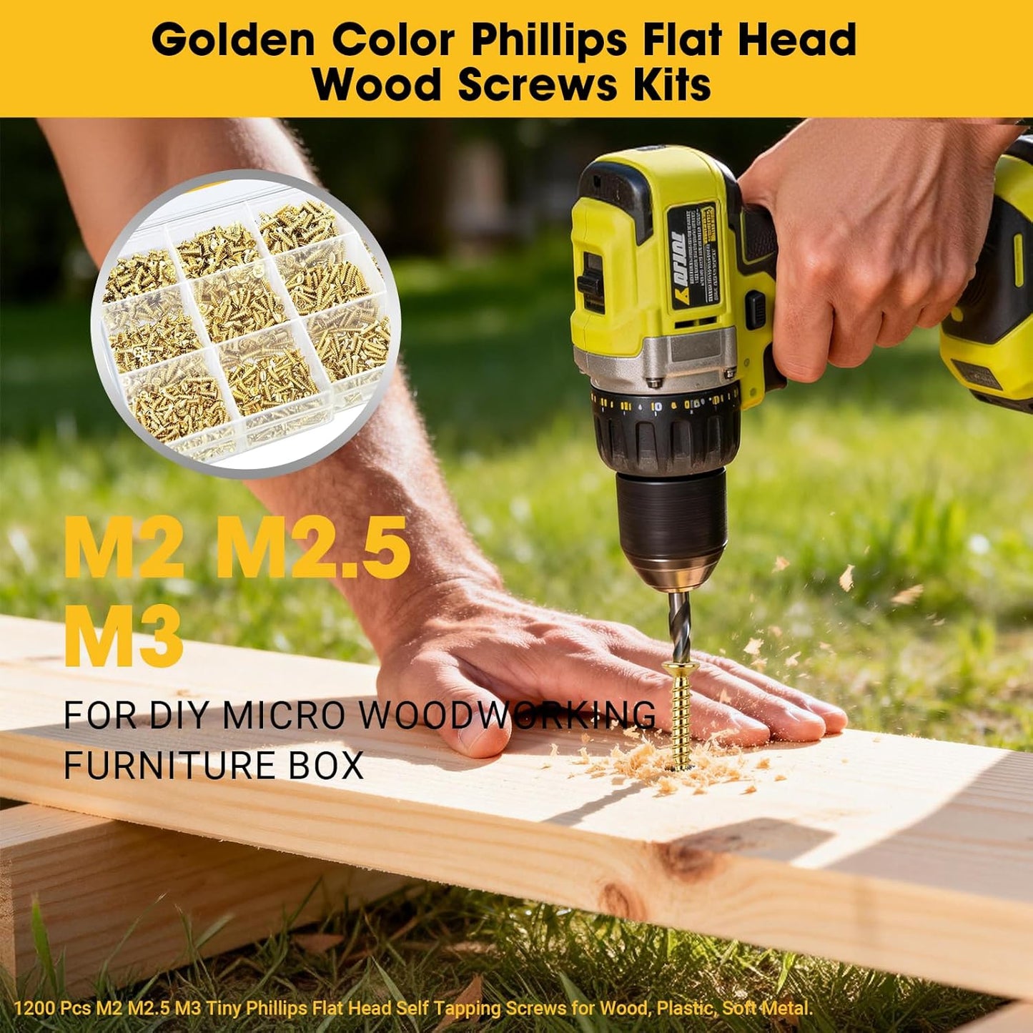 1200 Pcs Small Self Tapping Screws for Plastic and Metal, M2,M2.5,M3 Phillips Flat Head Small Screws,Golden Carbon Steel Tiny Screws Assortment Kit for Woodworking,DIY