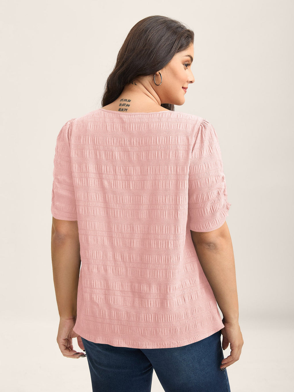 Textured Gathered Sleeve Split Neck Blouse