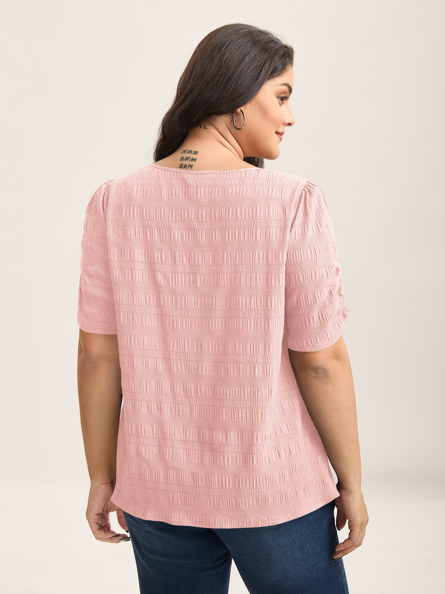 Textured Gathered Sleeve Split Neck Blouse
