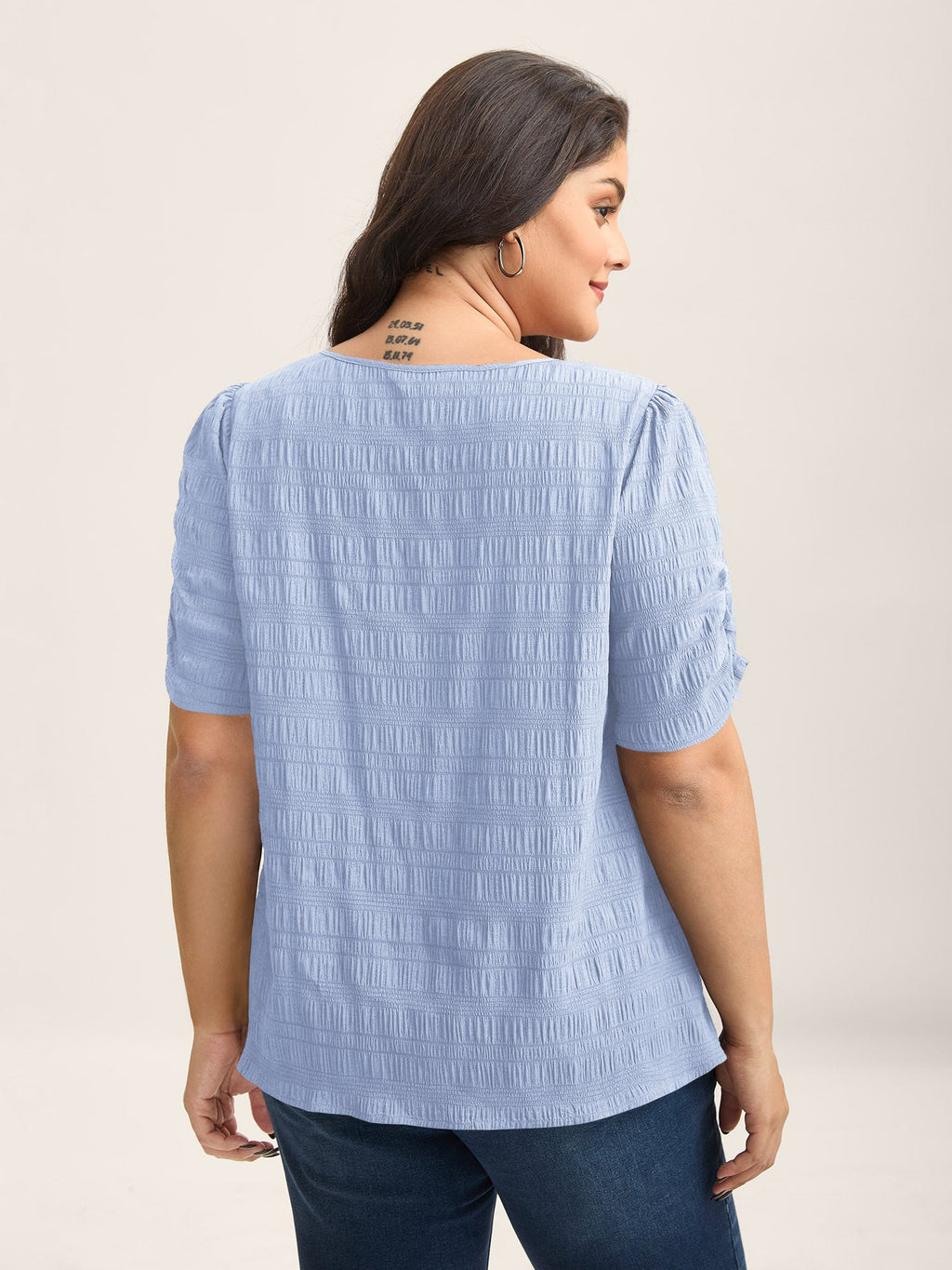 Textured Gathered Sleeve Split Neck Blouse