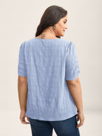 Textured Gathered Sleeve Split Neck Blouse