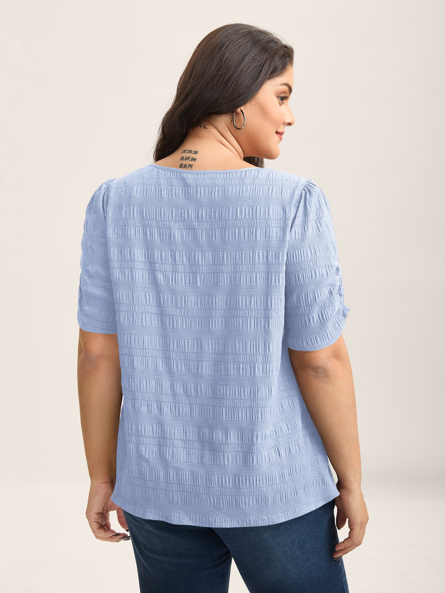 Textured Gathered Sleeve Split Neck Blouse