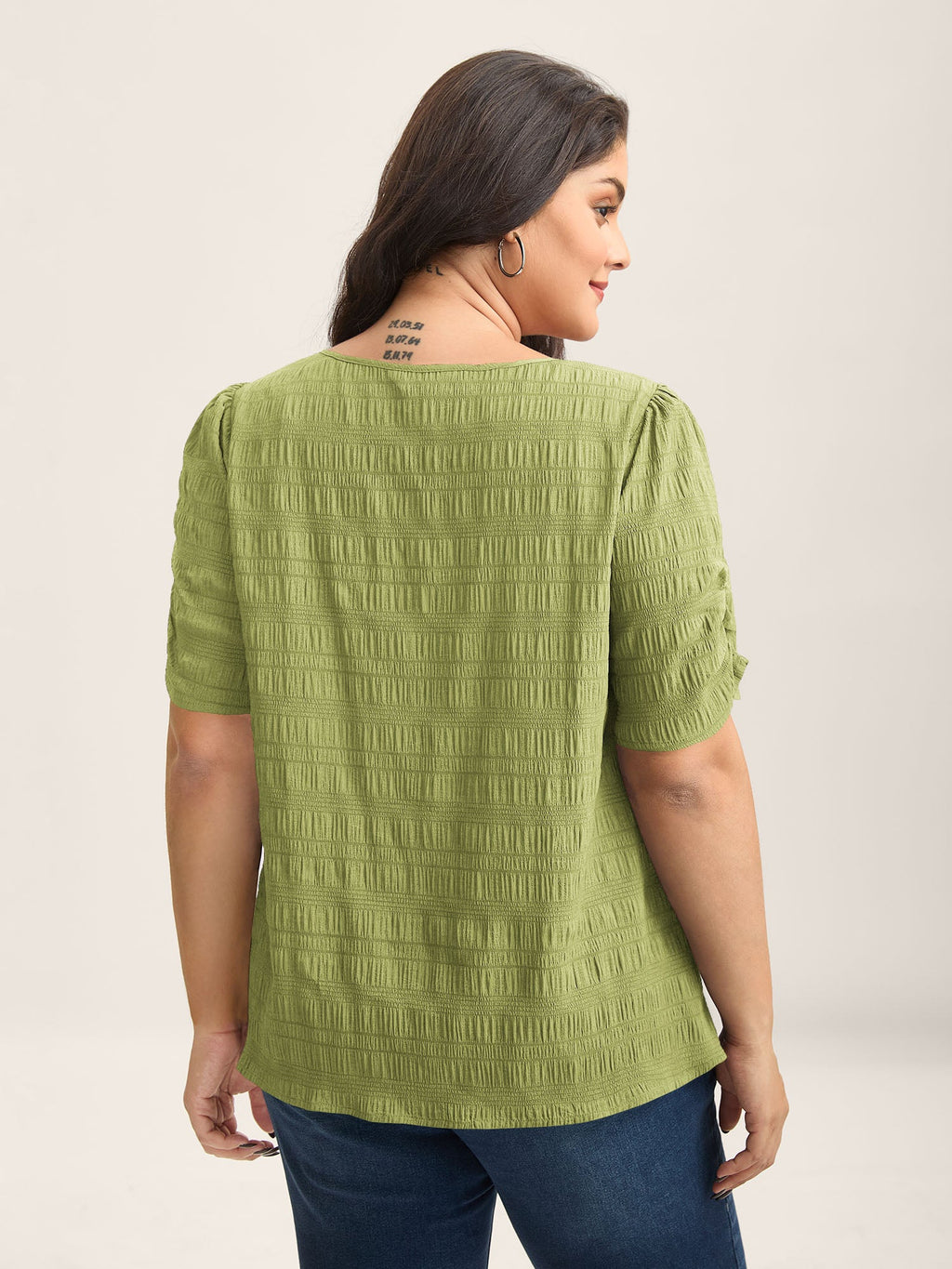 Textured Gathered Sleeve Split Neck Blouse