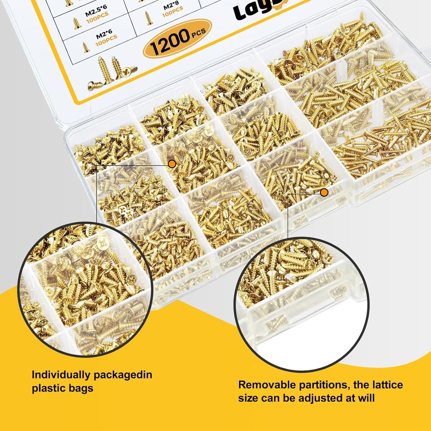 1200 Pcs Small Self Tapping Screws for Plastic and Metal, M2,M2.5,M3 Phillips Flat Head Small Screws,Golden Carbon Steel Tiny Screws Assortment Kit for Woodworking,DIY