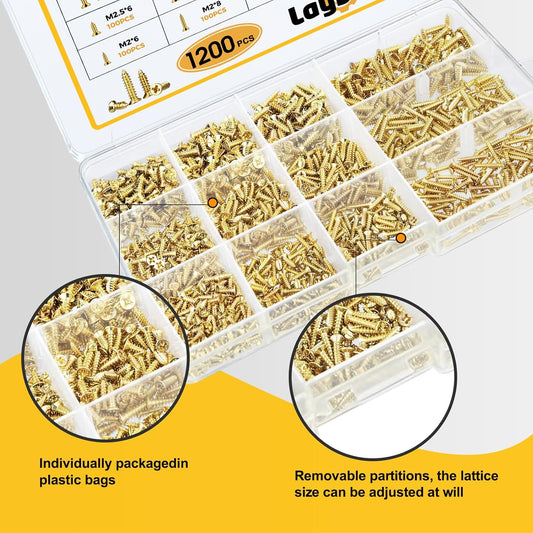 1200 Pcs Small Self Tapping Screws for Plastic and Metal, M2,M2.5,M3 Phillips Flat Head Small Screws,Golden Carbon Steel Tiny Screws Assortment Kit for Woodworking,DIY