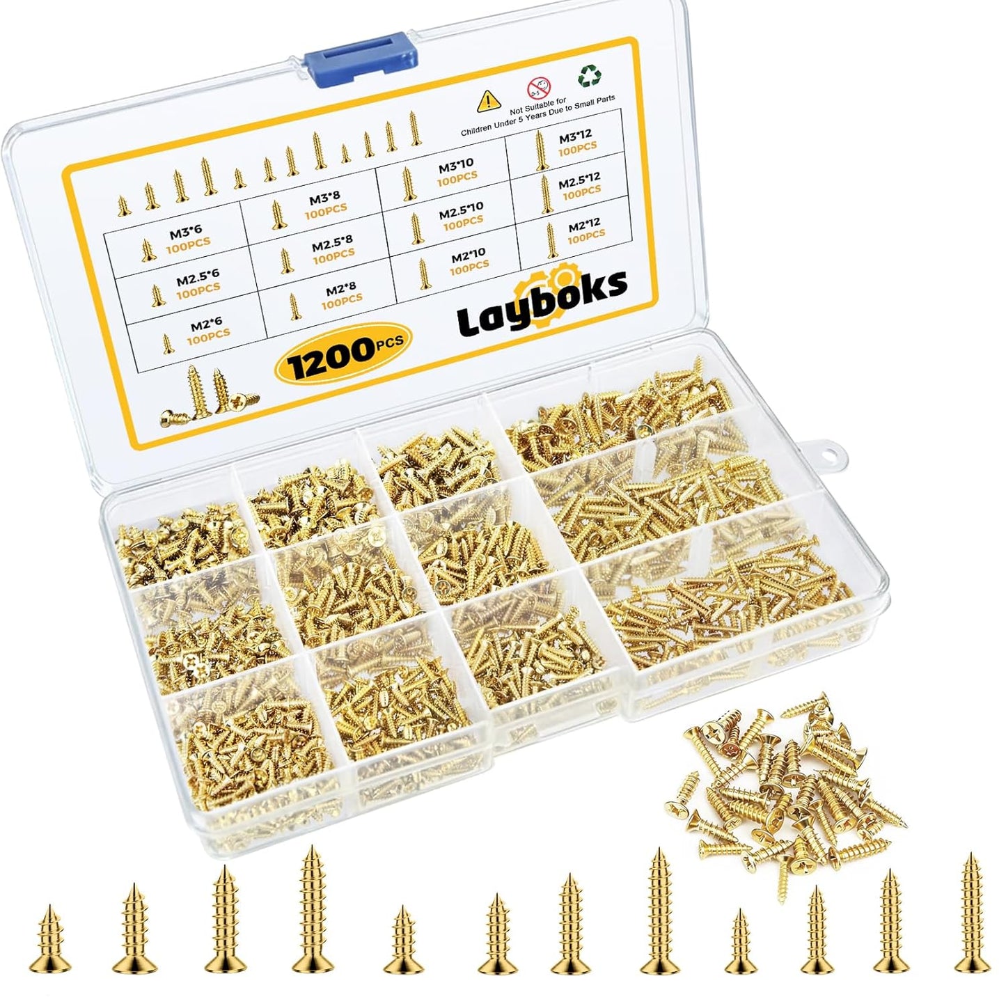1200 Pcs Small Self Tapping Screws for Plastic and Metal, M2,M2.5,M3 Phillips Flat Head Small Screws,Golden Carbon Steel Tiny Screws Assortment Kit for Woodworking,DIY