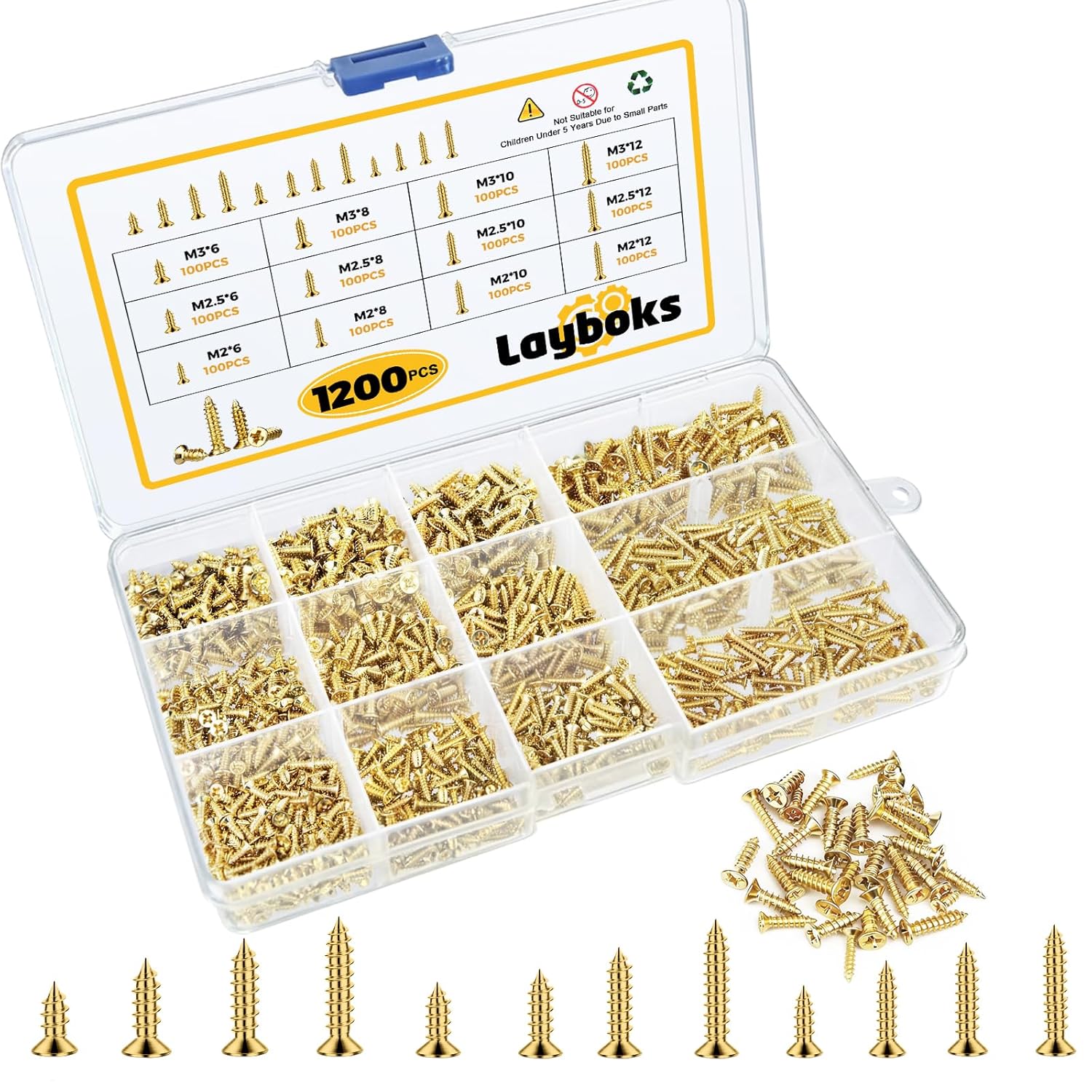 1200 Pcs Small Self Tapping Screws for Plastic and Metal, M2,M2.5,M3 Phillips Flat Head Small Screws,Golden Carbon Steel Tiny Screws Assortment Kit for Woodworking,DIY