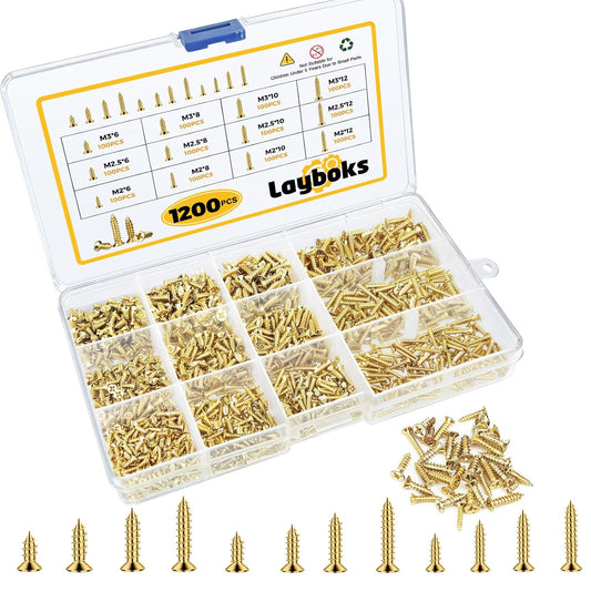 1200 Pcs Small Self Tapping Screws for Plastic and Metal, M2,M2.5,M3 Phillips Flat Head Small Screws,Golden Carbon Steel Tiny Screws Assortment Kit for Woodworking,DIY
