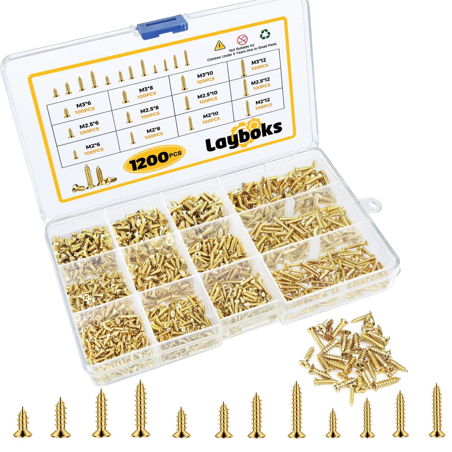 1200 Pcs Small Self Tapping Screws for Plastic and Metal, M2,M2.5,M3 Phillips Flat Head Small Screws,Golden Carbon Steel Tiny Screws Assortment Kit for Woodworking,DIY
