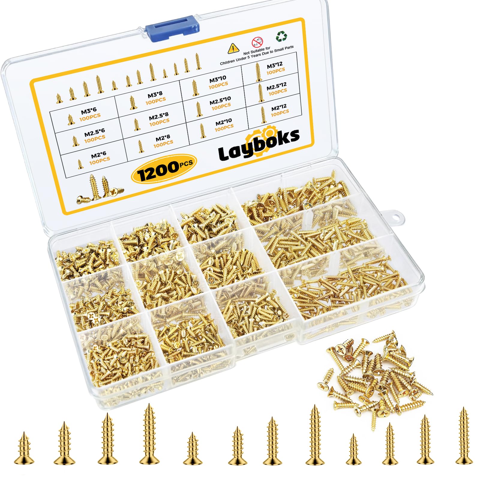 1200 Pcs Small Self Tapping Screws for Plastic and Metal, M2,M2.5,M3 Phillips Flat Head Small Screws,Golden Carbon Steel Tiny Screws Assortment Kit for Woodworking,DIY