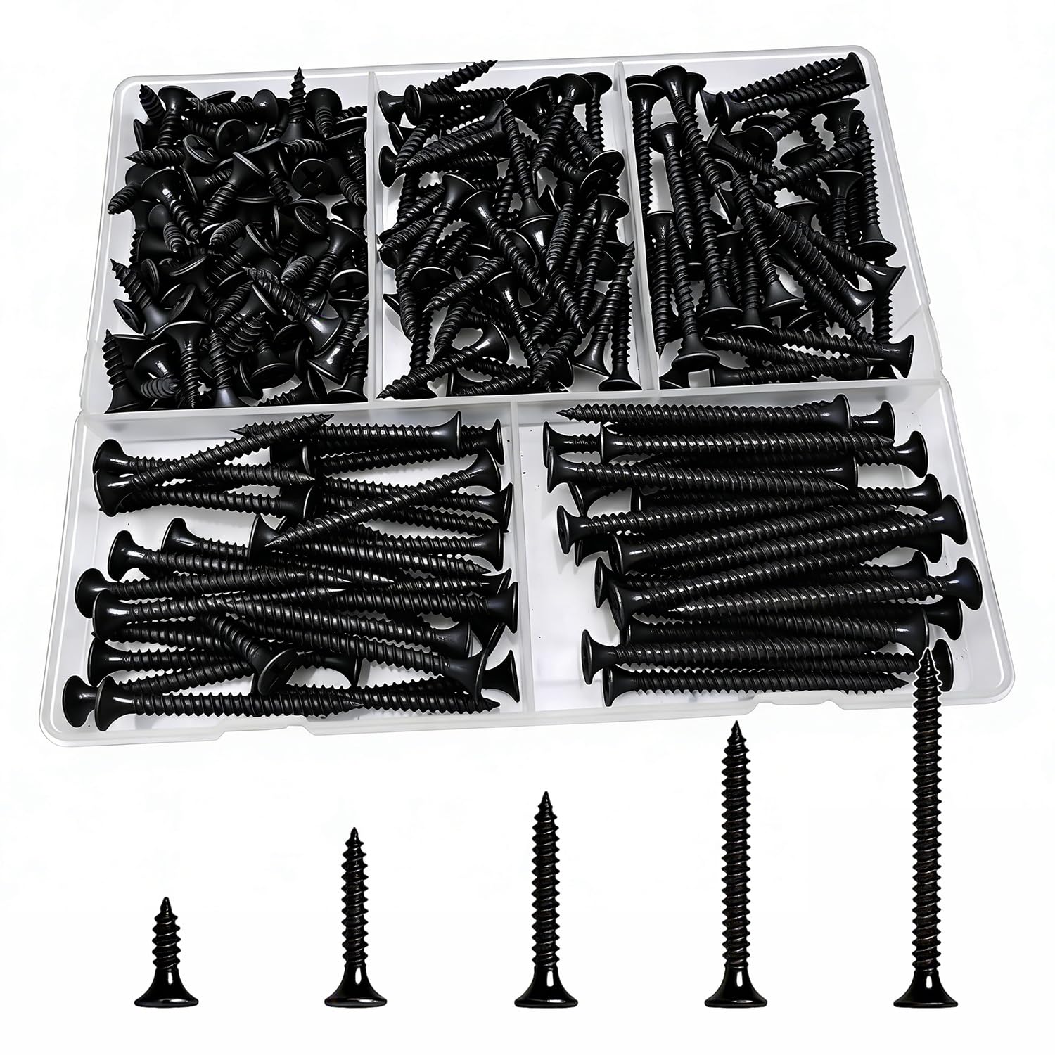 5 Sizes 220pcs Black Wood Screws Assortment Kit,Wood Screws for Drywall,Phillips Drive Self Tapping Dry Wall Screws