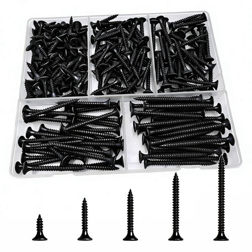 5 Sizes 220pcs Black Wood Screws Assortment Kit,Wood Screws for Drywall,Phillips Drive Self Tapping Dry Wall Screws