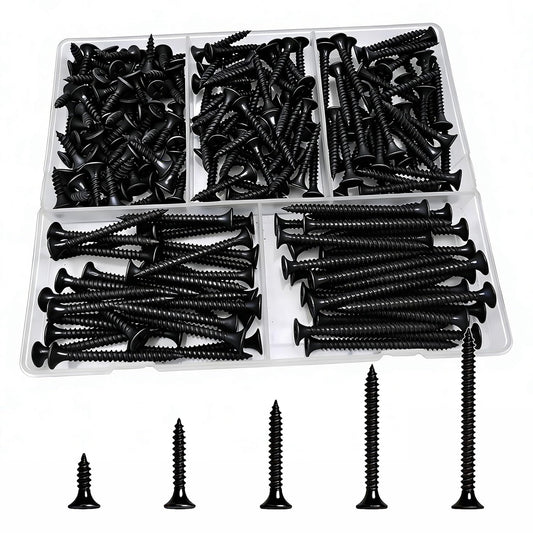 5 Sizes 220pcs Black Wood Screws Assortment Kit,Wood Screws for Drywall,Phillips Drive Self Tapping Dry Wall Screws